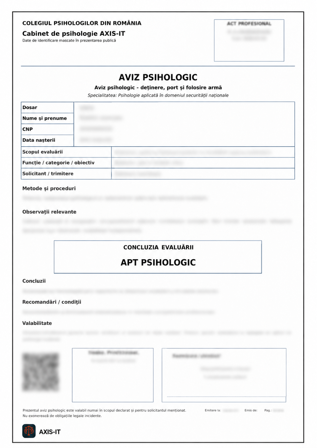 Exemplu de aviz psihologic AXIS-IT cu date mascate